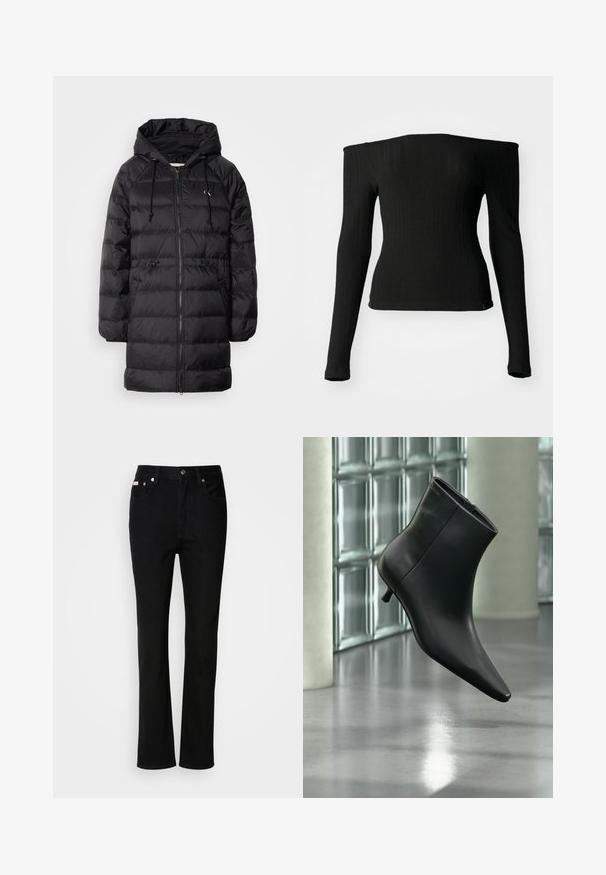 Calvin Klein Jeans Zimný kabát - black; Čierny dlhý rukáv top vyrobený z rebrovanej látky s výstrihom cez rameno, priliehavý strih a rovný spodný lem. Jemný reklamný štítok na spodnej časti.; Čierne džínsy s rovnými nohavicami, s predným gombíkom a zipsom, pútka na opasok a s piatimi vreckami.; Čierna kožená členková čižma so špicatou špičkou a nízkym kitten podpätkom, zobrazená šikmo na pozadí leštenej podlahy a steny zo sklenených blokov.