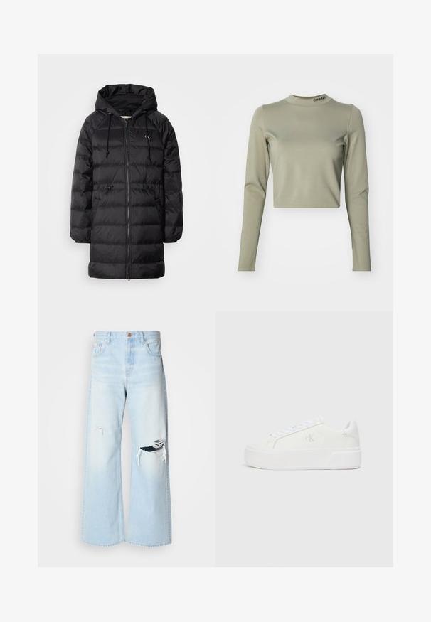 Calvin Klein Jeans Vinterfrakke - black; Besluttede langærmede top i lys olivengrøn, lavet af glat strækstof, med høj halsudskæring og et Calvin Klein-logo ved kraven.; Lyseblå brede jeans lavet af denim, med høj talje, store revner ved knæene og et klassisk fem-lomme design med kobberhardware.; Hvide platform sneakers med en glat læderoverdel, rund tå, hvide snørebånd og diskret logo-detalje på siden. Flad gummisål.