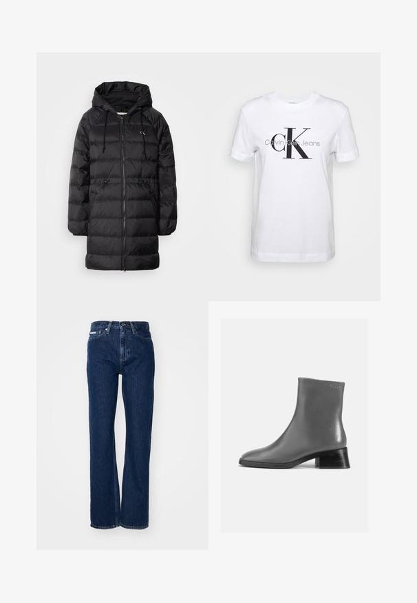 Calvin Klein Jeans Vinterfrakke - black; Hvid bomulds T-shirt med korte ærmer, prydet med et stort sort "CK" logo og teksten "Calvin Klein Jeans" nedenfor i grå.; Mørkeblå denimjeans med lige ben, knaplukning og fem lommer. Stoffet har en let struktur med subtile syninger.; Grå læder ankelstøvle med rund tå og en kort, stablet sort hæl. Glat tekstur med minimal detaljer.