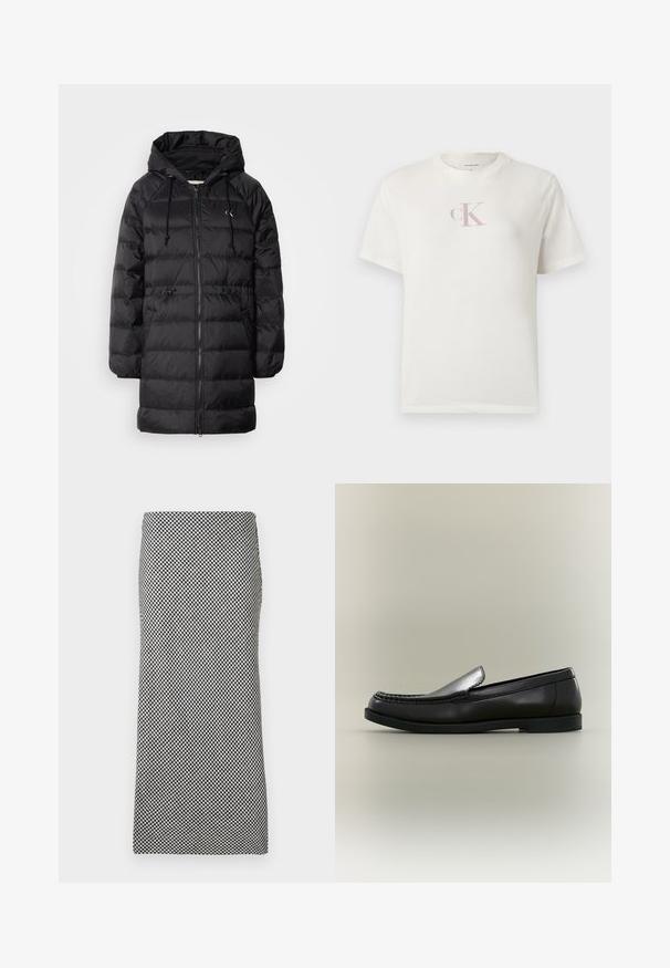 Calvin Klein Jeans Zimný kabát - black; Biela bavlnená tričko s krátkym rukávom s malým svetloružovým logom „CK“ na hrudi a klasickým okrúhlym výstrihom. Mäkká textúra.; Čierno-biela károvaná midi sukňa s rovnou siluetou a vysokým pásom na jednofarebnom pozadí.; Čierny kožený mokasín s ozdobným šitím moc toe, nízkym podpätkom a dizajnom na nazutie na neutrálnom pozadí.
