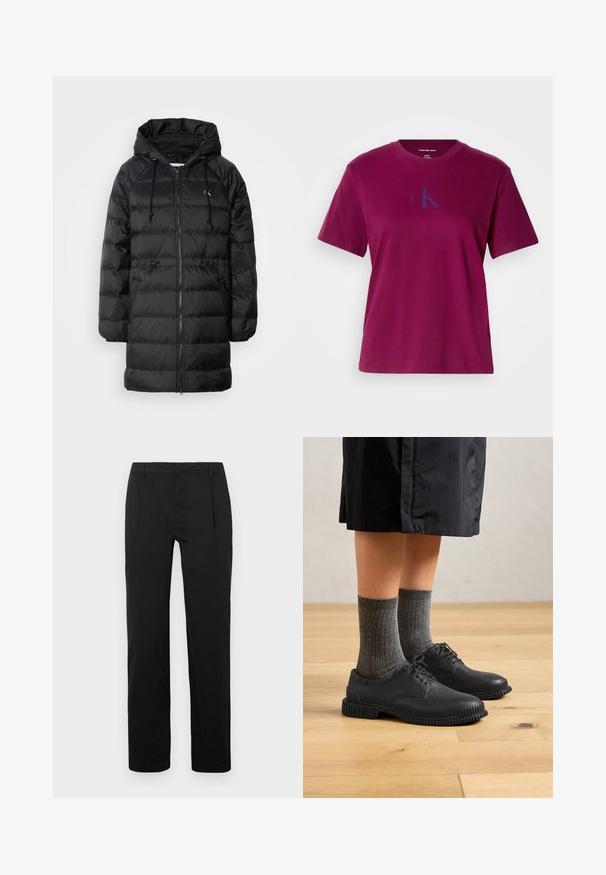 Calvin Klein Jeans Wintermantel - black; Magenta Baumwoll-T-Shirt mit Rundhalsausschnitt, kurzen Ärmeln und einem blauen Logo auf der Brust. Hat eine lockere Passform und eine glatte Textur.; Schwarze Hose mit geradem Bein, glatter Textur, vorderen Falten und normalem Bund. Keine auffälligen Muster oder Verzierungen.; Schwarze Lederschuhe mit strukturiertem Finish und geriffelten Sohlen, kombiniert mit grauen gerippten Socken, vor einem Holzfußboden.