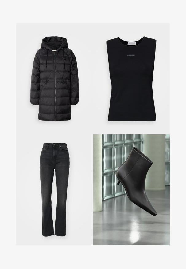 Calvin Klein Jeans Manteau d'hiver - black; Top sans manches noir en tissu lisse. Doté d'un col rond et d'un petit logo Calvin Klein au centre. Design simple et ajusté.; Jeans en denim noir taille haute avec jambes droites, design à cinq poches, fermeture à bouton à l'avant et détails de couture minimaux.; Bottine en cuir noir avec bout pointu et petit talon, présentée devant un mur en blocs de verre et un sol poli.