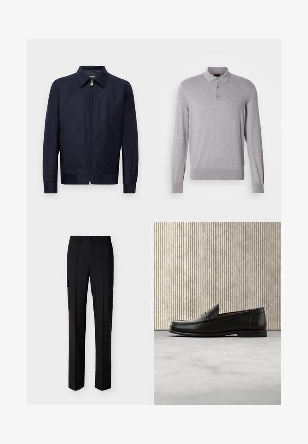 Mørkeblå lynlåsjakke med krave, lange ærmer og to forreste lommer, præsenteret mod en enkel hvid baggrund.; Grå langærmet poloshirt lavet af blødt stof med krave, tre-knaps lukning og ribstrikkede manchetter og kant.; Sorte cargo-bukser med lige ben, frontknaplukning og sidelommer med klap, vist mod en hvid baggrund.; Sort læder penny loafer med lav hæl, rundet tå og syningsdetaljer langs fronten og siderne, vist på neutral baggrund.