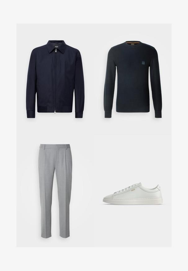 Námornícky modrá zip-up bunda s golierom, dlhými rukávmi a dvoma prednými vreckami, vystavená na jednofarebnom bielom pozadí.; Pletený sveter námorníckej modrej farby s dlhými rukávmi, okrúhlym výstrihom, štruktúrovanou tkaninou a malou nášivkou loga na hrudi.; Sivé klasické nohavice s hladkou textúrou, s plochým predným dielom, rovnými nohavicami a jemnými záhybmi pre dodatočný detail.; Biela nízka kožená teniska s šnúrkami, plochou podrážkou a malým zlatým logom "BOSS" na boku, z pohľadu zvonka.