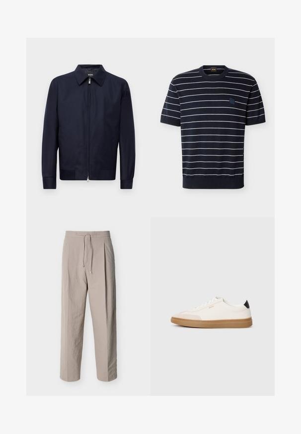 Marineblauwe ritssluitingjack met een kraag, lange mouwen en twee voorzakken, weergegeven tegen een effen witte achtergrond.; Marineblauw gebreid shirt met korte mouwen, witte horizontale strepen en een klein vierkant BOSS-logo op de linkerborst.; Beige, gestructureerde broek met trekkoord, rechte pijpen en een elastische tailleband, weergegeven op een witte achtergrond.; Witte sneakers met beige accenten, bovenwerk van glad leer, ronde neus en rubberen gumzool, met een zwarte hieltab en subtiele branding.