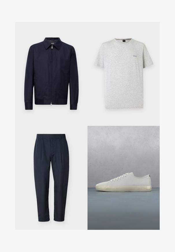 Marineblauwe ritssluitingjack met een kraag, lange mouwen en twee voorzakken, weergegeven tegen een effen witte achtergrond.; Lichtgrijs T-shirt met korte mouwen en ronde hals met klein blauw "BOSS"-logo op de linkerborst, getoond op een effen witte achtergrond.; Marineblauwe recht gesneden broek met taillebandlussen en voorplooien, afgebeeld tegen een witte achtergrond.; Witte leren sneaker met veters zwevend boven vierkante houten tegels en kleine stenen, met een boom en een grijze achtergrond.
