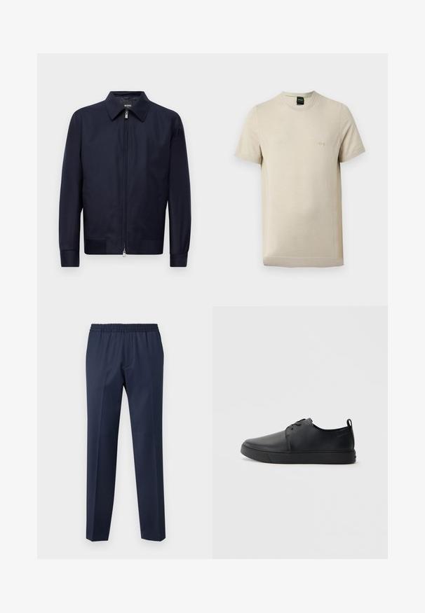 Marineblauwe ritssluitingjack met een kraag, lange mouwen en twee voorzakken, weergegeven tegen een effen witte achtergrond.; Beige T-shirt met korte mouwen en ronde hals, met subtiele textuur en klein opgedrukt "BOSS"-logo op de linkerborst.; Donkerblauwe broek met een elastische tailleband, rechte pijpvorm, gladde textuur en zonder zichtbare patronen of hardwaredetails.; Zwarte leren sneaker met een gladde afwerking, ronde neus, tonale stiknaden, vetersluiting aan de voorkant en een vlakke rubberen zool. Lussje aan de hak.