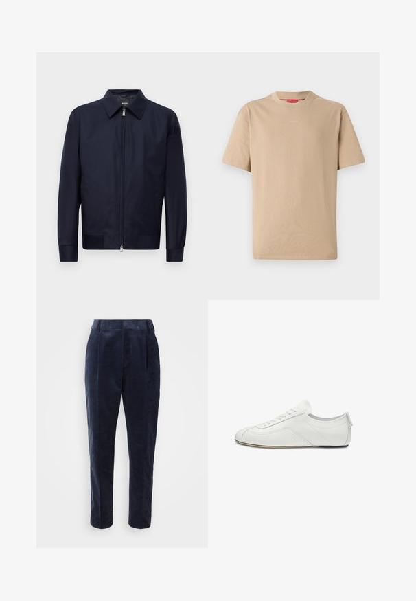 Marineblauwe ritssluitingjack met een kraag, lange mouwen en twee voorzakken, weergegeven tegen een effen witte achtergrond.; Beige katoenen T-shirt met korte mouwen, ronde hals en subtiele "HUGO"-logo in het midden. Glad textuur, ontspannen pasvorm.; Marineblauwe corduroy broek met een gladde textuur, voorzien van plooien, een hoge tailleband en een toelopende pijp, ontworpen voor een getailleerde pasvorm.; Witte lage leren sneaker met vetersluiting aan de voorkant, subtiele stiksel details en een platte, dunne zool, zijaanzicht.