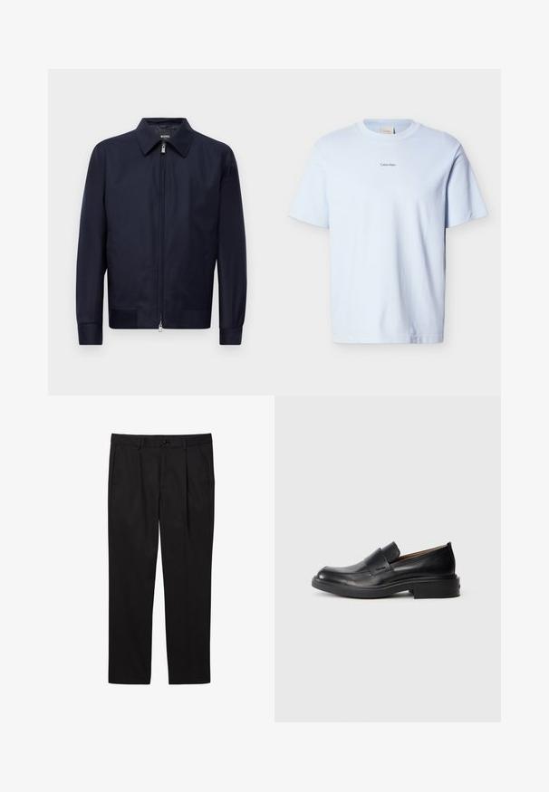Marineblauwe ritssluitingjack met een kraag, lange mouwen en twee voorzakken, weergegeven tegen een effen witte achtergrond.; Lichtblauw katoenen T-shirt met een ronde hals en korte mouwen, met een kleine "Calvin Klein"-logo in het zwart op de borst gedrukt.; Zwarte formele herenbroek met voorzakken, riemlussen, knoopsluiting en een rechte pijp.; Zwarte leren instap schoenen met een lage hak en subtiel Calvin Klein-logo aan de zijkant, weergegeven in profiel op een witte achtergrond.