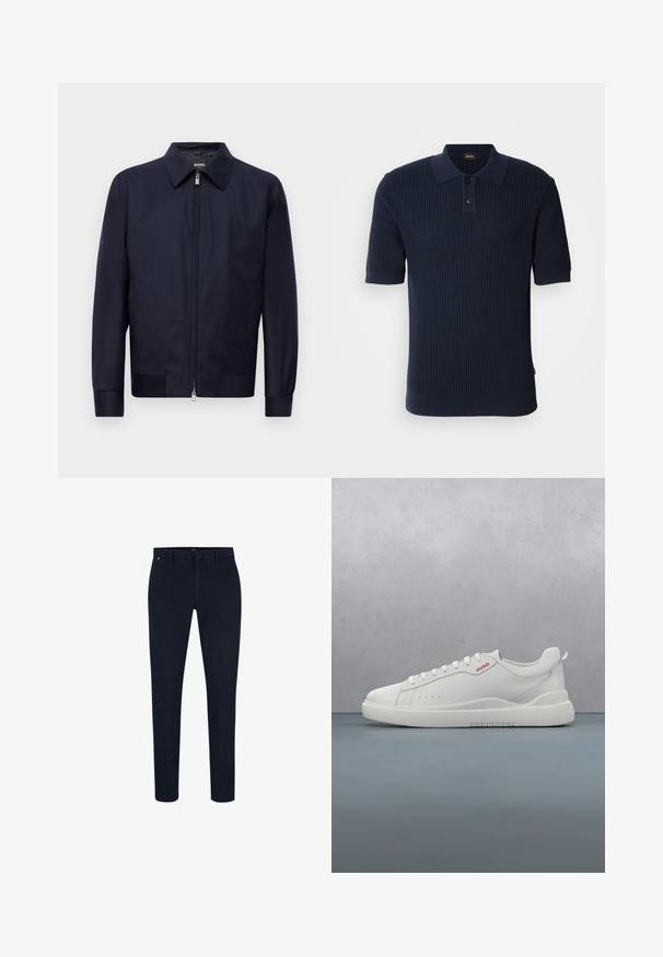 Marineblauwe ritssluitingjack met een kraag, lange mouwen en twee voorzakken, weergegeven tegen een effen witte achtergrond.; Marineblauw ribbed poloshirt met een twee-knops knoopsluiting, korte mouwen en een platte kraag. De stof heeft een gestructureerde afwerking en een getailleerde pasvorm.; Marineblauwe katoenen broek met een slim fit, met een platte voorkant, riemlussen en een rits. Glad textuur en geen zichtbare patronen.; Witte sneaker met een gladde leren afwerking, ronde neus, vier veterogen, subtiele perforaties en een rood logo detail aan de zijkant.