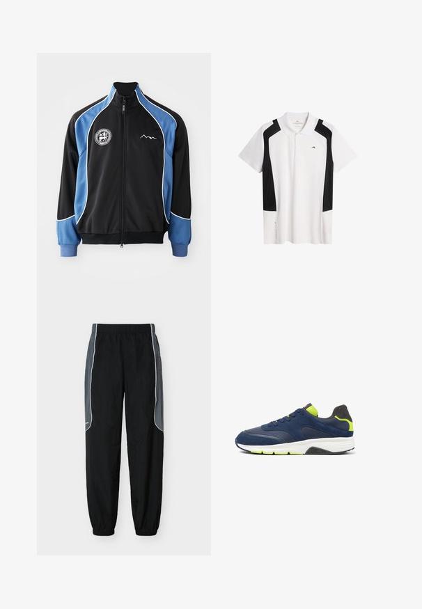 Veste de sport noire et bleue, devant zippé, avec un passepoil blanc contrastant, patch logo sur la poitrine, poignets côtelés, en tissu synthétique lisse.; Polo blanc avec des accents noirs. Manches courtes, col classique, en tissu lisse. Doté d'un logo sur la poitrine et d'un détail sur le côté.; Pantalon de survêtement noir avec des panneaux latéraux gris foncé et un liseré blanc, taille et poignets élastiques, présenté sur un fond blanc.; Baskets de sport bleu marine avec des accents vert lime, présentant un dessus texturé et une semelle blanche. Vue latérale mettant en avant les détails et le design.