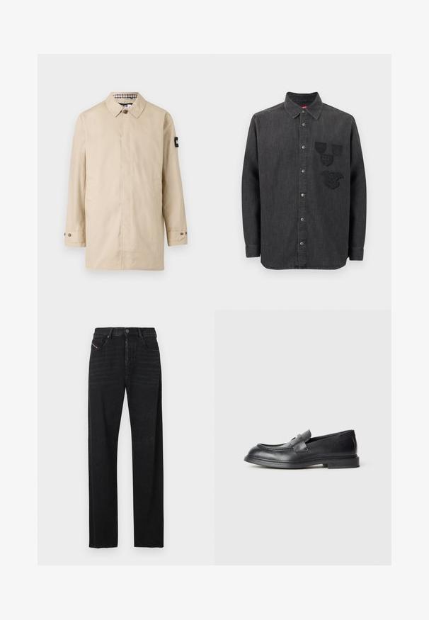 Manteau léger beige avec une coupe droite, col boutonné, poches latérales et un accent noir sur la manche gauche. Doublé avec un motif à carreaux.; Chemise en denim noir avec un devant boutonné, des manches longues, un col, et trois écussons brodés sur la poitrine gauche. Tissu texturé.; Jean en denim noir avec une coupe droite, des poches avant, et un détail de languette rouge sur la poche gauche. Le tissu présente une légère texture.; Mocassins en cuir noir avec une finition texturée, dotés d'une bride décorative à l'avant et d'un bout arrondi. Semelle en caoutchouc pour plus de durabilité.