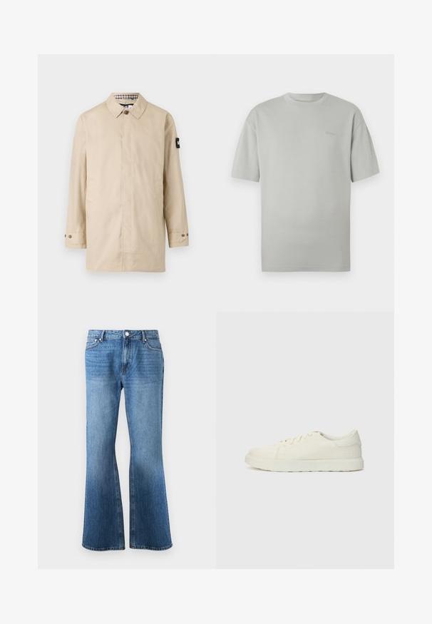 Beige letvægtsfrakke med lige snit, knaplukket krave, sidelommer og en sort detalje på venstre ærme. Foret med ternet mønster.; Lys grå kortærmet T-shirt med rund hals og diskret broderet logo på venstre bryst, liggende fladt på hvid baggrund.; Blå denim jeans med høj talje og bred benudskæring, der har frontlommer, bæltesløjfer og en knaplukning.; Beige lærredssneakers med rund tå, snørebåndsdesign og tekstureret overflade. Har et diskret logo på siden og en holdbar gummisål.