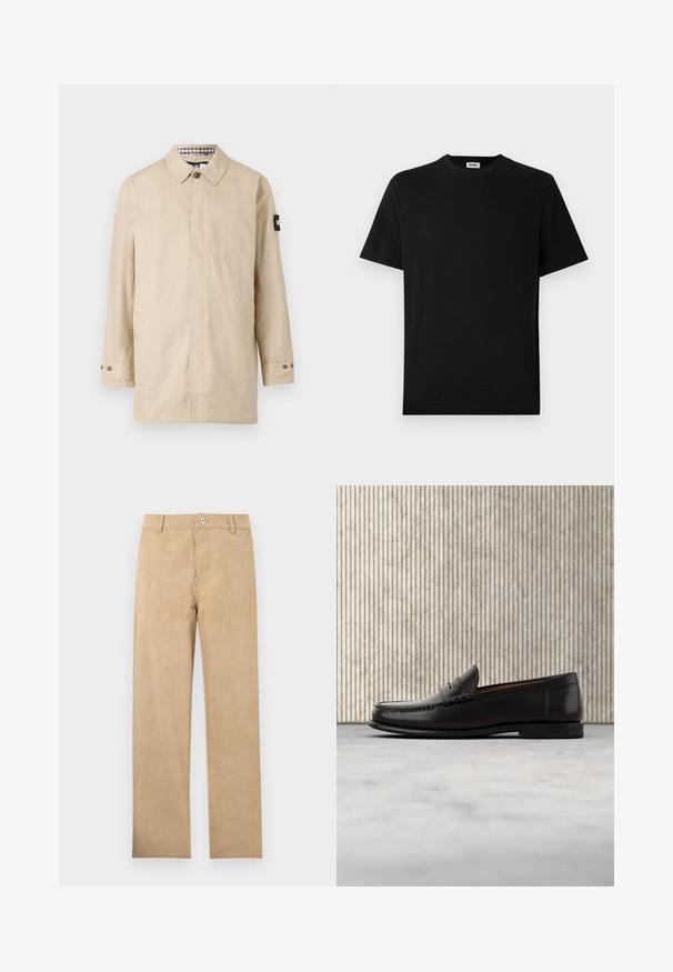 Manteau léger beige avec une coupe droite, col boutonné, poches latérales et un accent noir sur la manche gauche. Doublé avec un motif à carreaux.; T-shirt noir uni à manches courtes et col rond, exposé à plat sur un fond blanc, avec une petite étiquette de marque à l'intérieur du col.; Pantalon beige à jambes droites avec un motif texturé subtil, fermeture à bouton, passants pour ceinture et poches avant, posé à plat sur fond blanc.; Mocassin penny en cuir noir avec talon bas, bout arrondi et détails cousus à l'avant et sur les côtés, présenté sur un fond neutre.