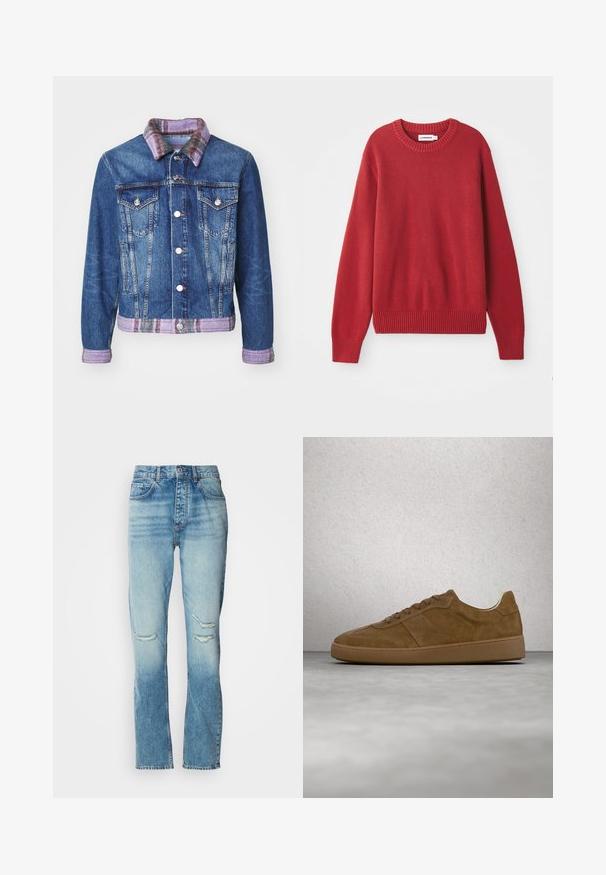 Jeansjakke med klassisk design, blå farve, to forlommer, sølvknapper og en lilla ternet krave med matchende kant.; Rød strikket sweater med rund halsudskæring, ribbede manchetter og kant, der har et tekstureret, chunky mønster over det hele.; Kvinders mid-rise blå jeans med falmet vask, slidte huller på begge knæ, lige ben og klassisk fem-lomme design.; Brun ruskindsneaker med tanfarvede snørebånd og gummisål. Har en rundet snude og synlige stikninger på overdelen. Letvægtsdesign.