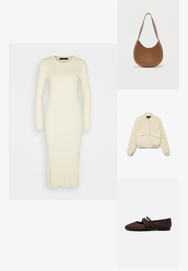 Kreemivärvi korduroo bomber-jakk pikkade varrukatega, ribatud mansettide ja kahe ees oleva taskuga. Omab ümmargust kraed ja nup closure.; Vero Moda VMGLORY O-NECK CALF DRESS - Kampsunkleit - birch; Pruun tasane king terava varbaga ja kahe õhukese risti käiva rihmaga jalavõlvi kohal, nähtavad õmbluse detailid ja madal konts.; Pruun nahast poolkuu kujuline õlakott lai rihmaga ja kriimustatud tekstuuriga, esitatud helel taustal.