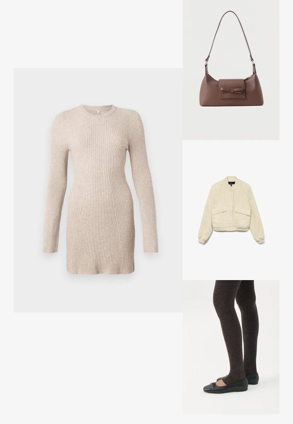 Chaqueta bomber de pana crema con mangas largas, puños acanalados y dos bolsillos delanteros. Cuenta con un cuello redondo y cierre de botones.; Vestido suéter de punto acanalado beige, de manga larga, con cintura ajustada y cuello redondo sobre un fondo blanco.; Piernas con leggings oscuros acanalados combinados con bailarinas negras que presentan pequeños detalles de lazo sobre un fondo blanco.; Bolso bandolera de cuero marrón con un bolsillo frontal de solapa que presenta un detalle de moño cosido y una correa ajustable.