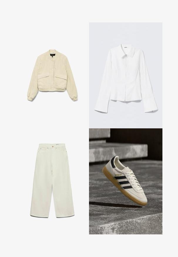 Crème corduroy bomberjack met lange mouwen, geribbelde manchetten en twee voorkeep pockets. Het heeft een ronde kraag en knoopsluiting.; Wit lang mouwen shirt met een kraag en een rits aan de voorkant. Heeft uitlopende manchetten en een gladde, katoenmengseltextuur.; Hooggetailleerde, wijde, crème broek met steekzakken aan de voorkant, riemlussen en een knoopsluiting.; Witte Adidas Spezial sneaker met zwarte strepen en gumzool, zwevend boven grijze stenen trappen buiten.