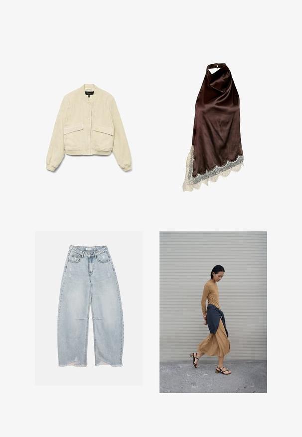 Crème corduroy bomberjack met lange mouwen, geribbelde manchetten en twee voorkeep pockets. Het heeft een ronde kraag en knoopsluiting.; Donkerbruine satijnen halterjurk met asymmetrische zoom en witte kanten rand langs de onderkant.; Lichtblauwe wijde denim jeans met versleten details en rafelige zomen, voorzien van voorzakken, riemlussen en een knoopsluiting.; Vrouw die loopt in een lange beige jurk en zwarte sandalen, met een donker vest om haar heupen gestrikt, tegen een achtergrond van een gesloten rolluik.