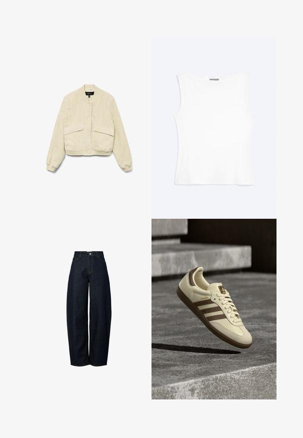 Chaqueta bomber de pana crema con mangas largas, puños acanalados y dos bolsillos delanteros. Cuenta con un cuello redondo y cierre de botones.; Camiseta sin mangas blanca ajustada con escote redondo y diseño minimalista, etiquetada como "WEEKDAY" en el interior del cuello.; Jeans de mezclilla azul oscuro de pierna ancha con una alta cintura, acabados con costuras naranjas en contraste y un cierre de botón en la parte delantera.; Zapatilla de color crema con detalles marrones, franjas laterales texturizadas y un acabado de cuero liso. Cuenta con un diseño de cordones y suela de goma.