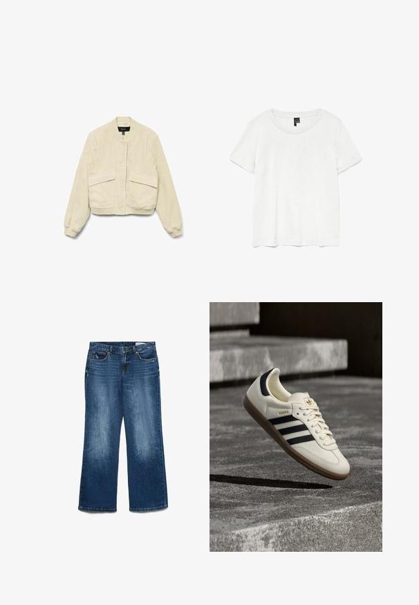 Crème corduroy bomberjack met lange mouwen, geribbelde manchetten en twee voorkeep pockets. Het heeft een ronde kraag en knoopsluiting.; Witte t-shirt met korte mouwen en een ronde hals, gemaakt van lichte stof. Eenvoudig ontwerp, gladde textuur en rechte zoom.; Wijdvallende jeans van middelblauwe denim, met een licht vervaagde afwerking, vijf zakken, knoopsluiting en riemlussen.; Witte Adidas Samba sneaker met zwarte strepen en gumzool, zwevend boven gestructureerde grijze betonnen treden.