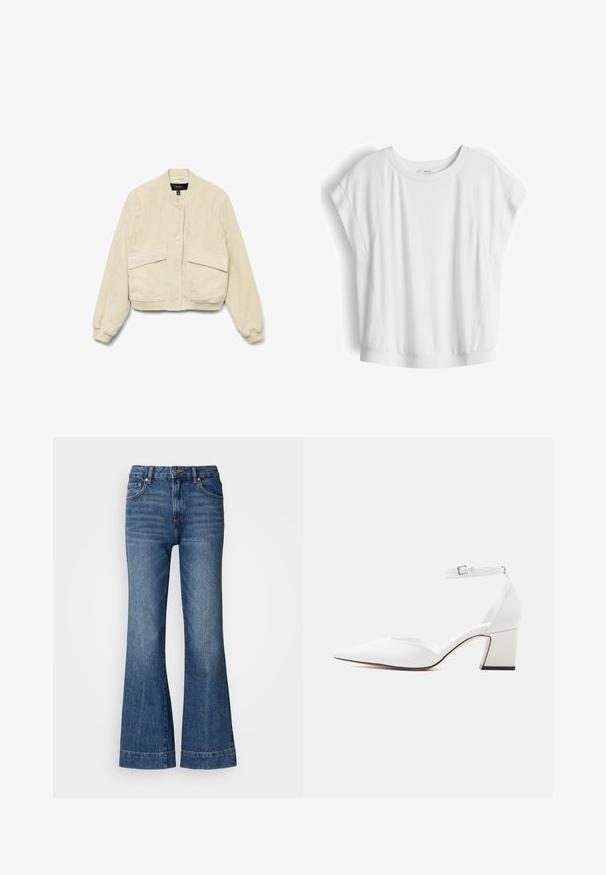 Cremfarbener Cordjacke mit langen Ärmeln, gerippten Bündchen und zwei Fronttaschen. Mit rundem Kragen und Knopfverschluss.; Weißes T-Shirt mit kurzem Ärmel und Rundhalsausschnitt, subtilen Nahtdetails und lockerem Sitz, präsentiert vor einem weißen Hintergrund.; Ausgestellte Jeans aus Denim in Dunkelblau. Mit fünf Taschen, Gürtelschlaufen und orangefarbenen Nähten. Glatte Textur mit klassischem Schnitt.; Weißer Schuh mit spitz zulaufender Vorderkappe, mittelhohem Absatz, Knöchelriemen und Schnalle, glatter Oberfläche und Blockabsatz vor einfachem, hellem Hintergrund.