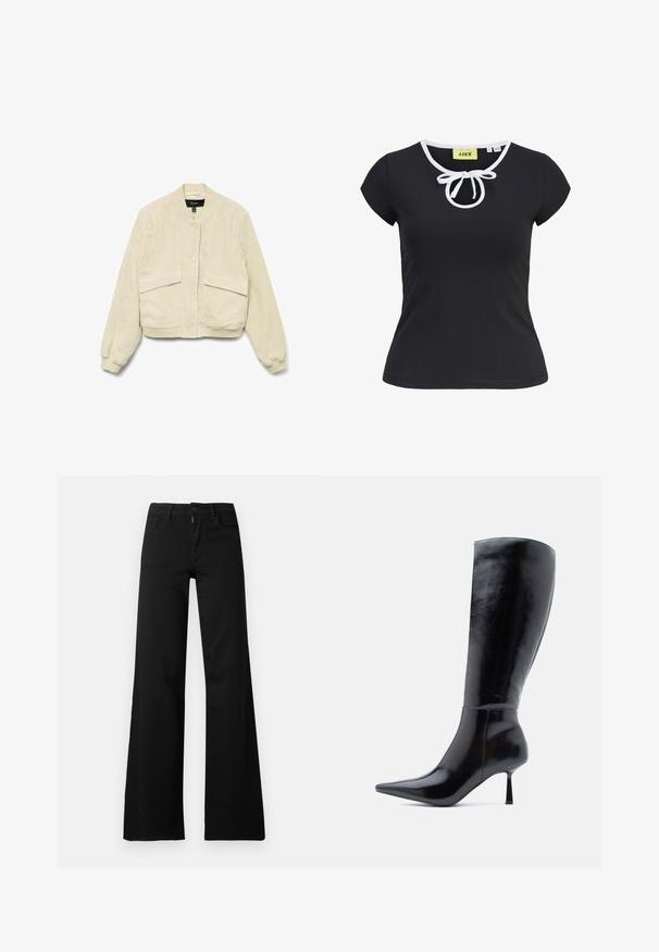 Cremfarbener Cordjacke mit langen Ärmeln, gerippten Bündchen und zwei Fronttaschen. Mit rundem Kragen und Knopfverschluss.; Schwarzes Kurzarm-T-Shirt aus weichem Stoff mit Rundhalsausschnitt, weißen Akzenten und einer zentralen Schleifenapplikation am Hals. Größe S.; Schwarze hoch taillierte Hose mit weitem Bein, vorne mit Knopf- und Reißverschluss, Gürtelschlaufen und Vordertaschen auf weißem Hintergrund.; Schwarze kniehohe Stiletto-Stiefel mit glänzender Lederoberfläche, spitzem Zeh und schlankem, konisch zulaufendem Absatz, die eine glatte Oberfläche und ein elegantes Design aufweisen.