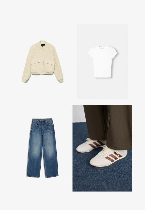 Cremfarbener Cordjacke mit langen Ärmeln, gerippten Bündchen und zwei Fronttaschen. Mit rundem Kragen und Knopfverschluss.; Weißes kurzärmliges T-Shirt aus weicher Baumwolle, mit Rundhalsausschnitt und figurbetonter Form. Keine sichtbaren Muster oder Verzierungen.; Blaue Jeans mit weitem Bein, Fronttaschen, Gürtelschlaufen und ausgewaschenen Details im Oberschenkelbereich.; Weiße Sneaker mit braunen Streifen, getragen mit braunen Hosen auf einem blauen Teppichboden.
