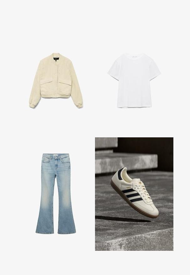 Cremfarbener Cordjacke mit langen Ärmeln, gerippten Bündchen und zwei Fronttaschen. Mit rundem Kragen und Knopfverschluss.; Unifarbenes weißes T-Shirt mit kurzen Ärmeln und Rundhalsausschnitt, gerader Saum, dargestellt auf weißem Hintergrund.; Hellblaue, ausgestellte Jeans aus Denim mit einer ausgewaschenen Optik, fünf Taschen und einem Reißverschluss. Klassisches Design mit weitem Bein.; Weißer Adidas Samba Sneaker mit schwarzen Streifen und Gummisohle, schwebend über strukturierten grauen Betontreppen.