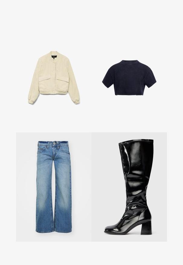 Cremfarbener Cordjacke mit langen Ärmeln, gerippten Bündchen und zwei Fronttaschen. Mit rundem Kragen und Knopfverschluss.; Schwarzes, kurzärmliges, kurzes T-Shirt mit Rundhalsausschnitt und lockerem Sitz, auf weißem Hintergrund dargestellt.; Hellblaue weit geschnittene Jeans aus Denim-Stoff mit einer ausgewaschenen Optik, fünf Taschen und einem Knopfverschluss mit Gürtelschlaufen.; Schwarze, glänzende Knieflechtstiefel mit Blockabsatz und abgerundetem Zehenbereich, glatte glänzende Oberfläche, feine Texturdetails am Absatz und Schaft.