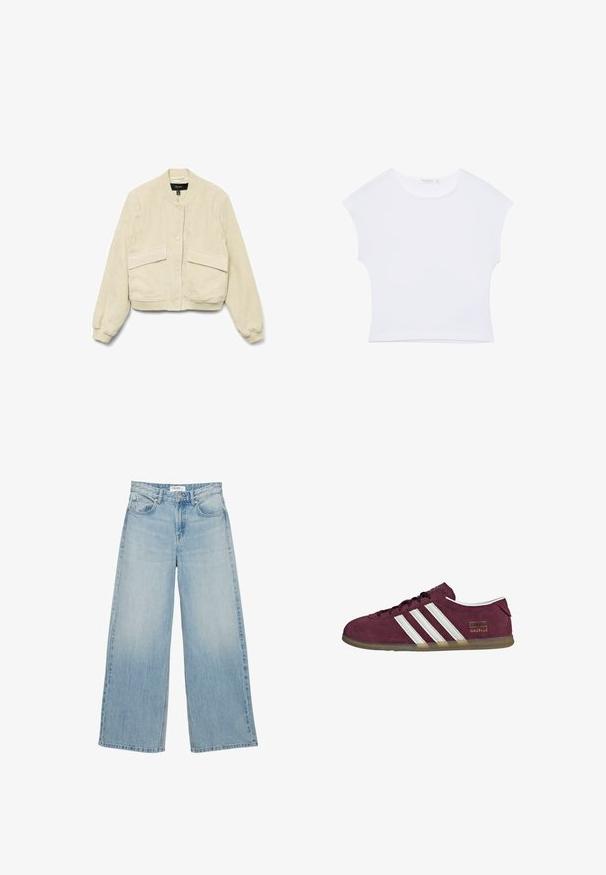 Cremfarbener Cordjacke mit langen Ärmeln, gerippten Bündchen und zwei Fronttaschen. Mit rundem Kragen und Knopfverschluss.; Weißes kurzärmeliges, bauchfreies T-Shirt mit rundem Ausschnitt aus glattem Stoff, flach auf einem weißen Hintergrund liegend.; Hellblaue, hoch taillierte Jeans mit weitem Bein, vorderen Taschen, Knopfverschluss und Gürtelschlaufen vor weißem Hintergrund.; Sneaker aus kastanienbraunem Wildleder mit weißen Streifenakzenten, abgerundetem Zehenbereich und einer Laufsohle aus Kaugummirubber. Verfügt über ein Logoetikett an der Außenseite.