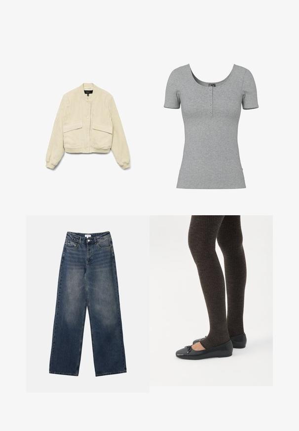 Chaqueta bomber de pana crema con mangas largas, puños acanalados y dos bolsillos delanteros. Cuenta con un cuello redondo y cierre de botones.; Top gris de manga corta con costillas, escote en forma de U y cuatro pequeños botones en el centro delantero.; Vaqueros de hombre de tiro alto en denim azul, con pernera ancha, botón y cremallera frontales, y bolsillos delanteros y traseros.; Piernas con leggings oscuros acanalados combinados con bailarinas negras que presentan pequeños detalles de lazo sobre un fondo blanco.