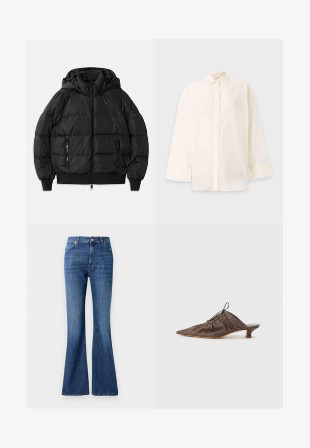 Musternahk vest, mille, lukuga ees ja kahe lukuga küljetaskuga. Omab soonikuga varrukaotsi ja alt, sileda läikiva tekstuuriga.; Pikkade varrukatega valge nööpidega särk, klassikalise krae ja mansettidega, esitatud lihtsal heledal taustal.; Sinised flared teksad, mis on valmistatud denimist, sisaldavad kõrget talje, viit taskut ja õrna kulumise mustrit õmbluste lähedal.; Pruun nahast mule terava noodiga, kogutud tekstuuriga, väikese kandiga ja stringi aktsendiga avamisel. Sile viimistlus.