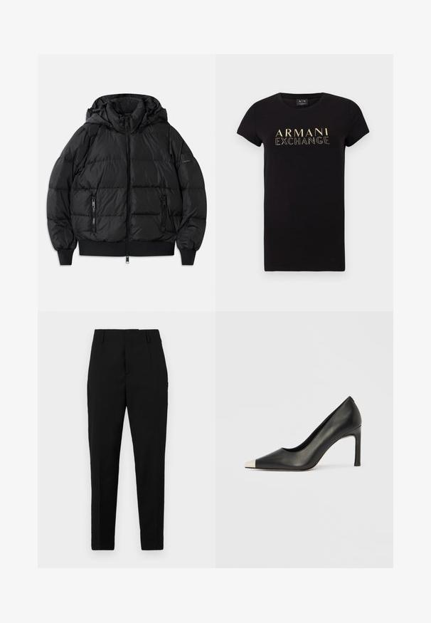 Schwarze Puffjacke mit Kapuze, Reißverschluss vorne und zwei Reißverschlusstaschen an den Seiten. Mit gerippten Bündchen und Saum, glänzende, glatte Textur.; Schwarzes T-Shirt mit kurzen Ärmeln und Rundhalsausschnitt, mit einem goldenen „ARMANI EXCHANGE“-Logo auf der Vorderseite bedruckt. Aus Baumwollmaterial.; Schwarze Hosen mit maßgeschneidertem Schnitt, die seitliche Taschen, eine glatte Textur und ein elegantes Design aufweisen, das sich zum Knöchel hin verjüngt.; Schwarzer Lederschuh mit hohem Absatz, spitz zulaufender Zehenpartie und metallischer silberner Spitze. Verfügt über eine glatte Oberfläche und einen schlanken 10 cm hohen Absatz.