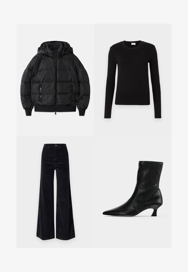 Musternahk vest, mille, lukuga ees ja kahe lukuga küljetaskuga. Omab soonikuga varrukaotsi ja alt, sileda läikiva tekstuuriga.; Must have pikka must T-särk, mis on valmistatud pehmest ja siledast kangast. Omab ümmargust kaelust ja seetükki istuvat lõiget, ilma nähtavate musterite või aktsentideta.; Mustadest korduroosest laia säärega püksid, millel on kõrge vöökoht, nööp sulgemine ja ees taskud. Sile tekstuur vertikaalse ribade mustriga.; Mustast nahast keskvarskoobits terava otsa ja madala kitsekontsaga, külgvaates heledal ühevärvilisel taustal.