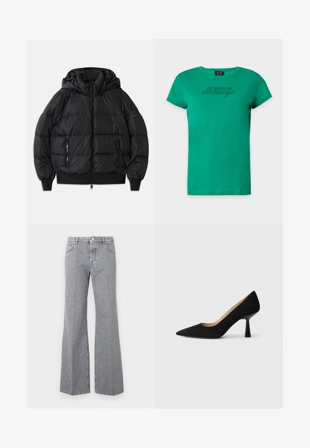 Veste doudoune noire avec une capuche, fermeture éclair à l'avant et deux poches latérales zippées. Comprend des poignets et un ourlet côtelés, texture lisse et brillante.; T-shirt vert à manches courtes Armani Exchange avec encolure ronde et texte "armani exchange" en petits points noirs sur la poitrine.; Jean en denim gris taille haute avec bouton et fermeture éclair à l'avant, cinq poches et jambes évasées larges, présenté sur un fond uni.; Pompe à talons hauts en suède noir avec un bout pointu, dotée d'un talon bloc noir brillant et d'une doublure intérieure lisse.