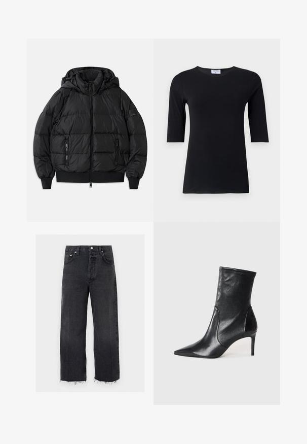 Schwarze Puffjacke mit Kapuze, Reißverschluss vorne und zwei Reißverschlusstaschen an den Seiten. Mit gerippten Bündchen und Saum, glänzende, glatte Textur.; Schwarzes Langarmshirt aus weichem, dehnbarem Stoff. Hat einen runden Ausschnitt und eine taillierte Silhouette mit Ärmeln in mittlerer Länge.; Schwarze Jeans mit hoher Taille und weitem Bein, rohem Saum, vorderem Knopf, Reißverschluss und fünf Taschen.; Schwarze Stiefeletten aus glattem Leder, mit einer spitzen Zehe, schmalem Schaft und schlanker, hoher Ferse. Minimalistisches Design ohne sichtbare Beschläge.