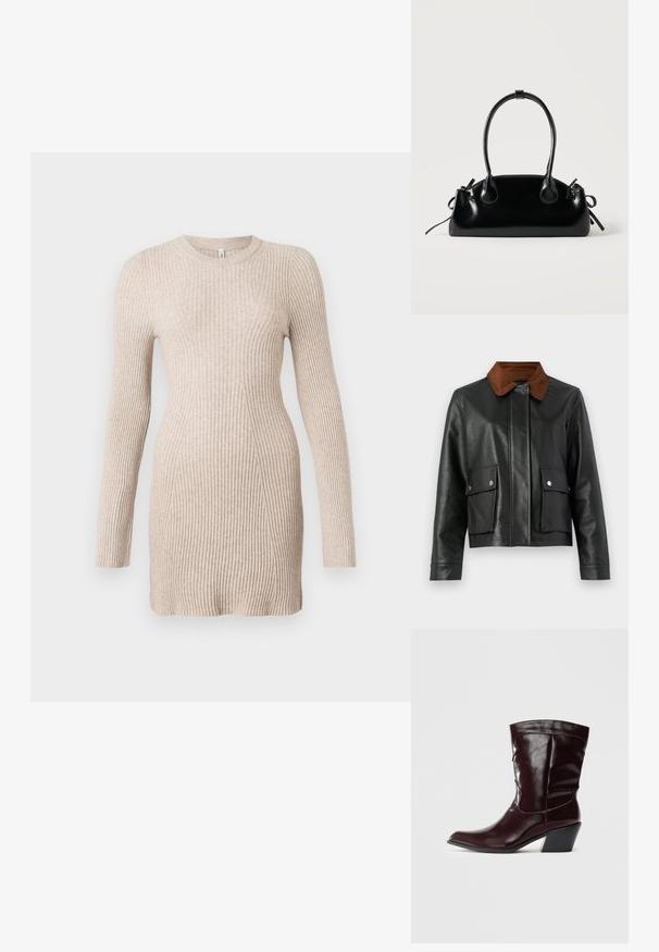 Chaqueta de cuero negra con cuello de pana marrón, bolsillos frontales con tapa y botones a presión, y cierre frontal oculto.; Vestido suéter de punto acanalado beige, de manga larga, con cintura ajustada y cuello redondo sobre un fondo blanco.; Botines de cuero burdeos con punta afilada, superficie texturizada y tacón bajo cónico. Presentan costuras sutiles y un ajuste ceñido.; Pequeño bolso negro brillante con dos asas largas y detalles de cordón lateral sobre un fondo claro liso.