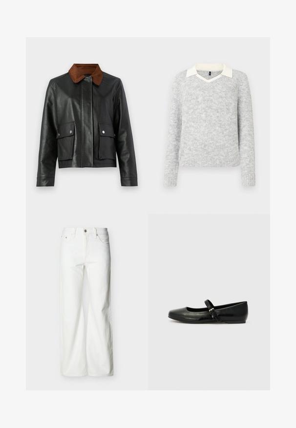 Chaqueta de cuero negra con cuello de pana marrón, bolsillos frontales con tapa y botones a presión, y cierre frontal oculto.; Suéter de punto gris claro de manga larga con detalles de camisa de cuello en V blanca, dobladillo y puños acanalados, exhibido sobre fondo blanco.; Vaqueros blancos de talle alto y pierna recta con botón frontal, cierre de cremallera y bolsillos laterales y traseros, sobre un fondo liso y claro.; Bailarinas de cuero negro con punta redondeada, suela plana y una delgada correa ajustable en el empeine que cuenta con una hebilla de metal.