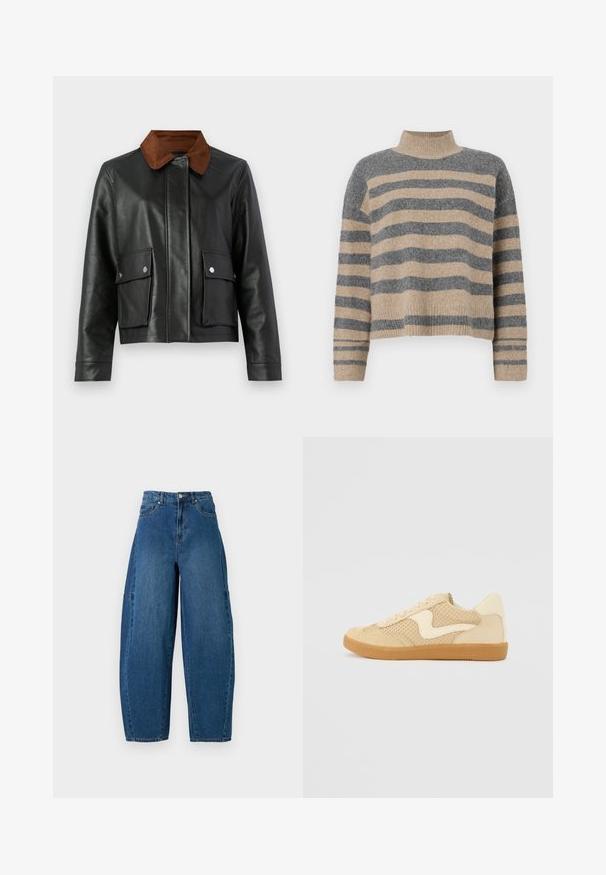 Chaqueta de cuero negra con cuello de pana marrón, bolsillos frontales con tapa y botones a presión, y cierre frontal oculto.; Suéter de punto a rayas en colores gris y beige, con cuello alto, mangas anchas con puños, y un corte relajado con un diseño recortado.; Jeans de denim en un lavado azul medio, con una cintura alta, corte de pierna ancha y diseño estándar de cinco bolsillos con detalles de costura visibles.; Zapatillas beige con materiales de ante y malla, forma redondeada, cuello acolchado prominente y suela de goma. Presenta un diseño en forma de ola como acento.