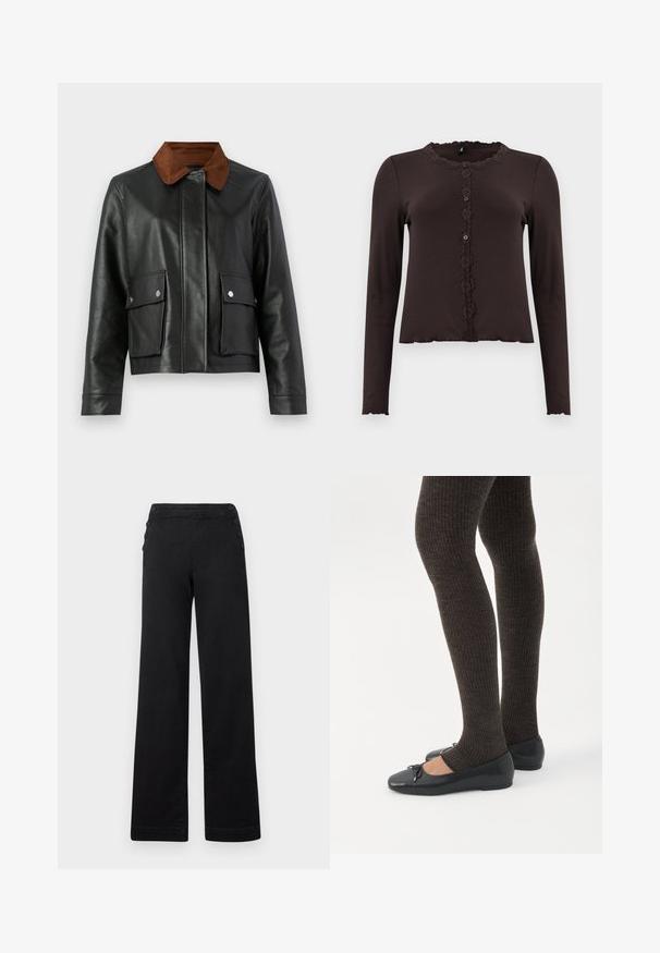 Chaqueta de cuero negra con cuello de pana marrón, bolsillos frontales con tapa y botones a presión, y cierre frontal oculto.; Top de manga larga marrón oscuro con textura acanalada, adornado con encaje en el escote y un frente abotonado con tres botones. Dobladillo con forma de ondas.; Pantalones de pierna ancha negros con cintura alta, detalles de botones en los laterales y una textura de denim suave con un acabado limpio.; Piernas con leggings oscuros acanalados combinados con bailarinas negras que presentan pequeños detalles de lazo sobre un fondo blanco.