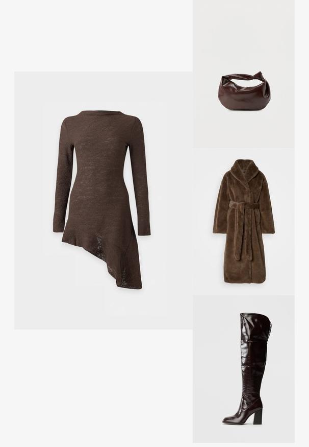 Bruine pluchen faux fur lange jas met brede kraag en bijpassende riem gestrikt in de taille, plat neergelegd op een neutrale achtergrond.; Donkerbruine jurk met lange mouwen van gestructureerde stof en een asymmetrische zoom die afloopt naar de rechterkant.; Knielange, glanzende bordeauxrode leren laarzen met een vierkante neus en blokhak, met een nonchalant ontwerp en minimale stiksel details.; Donkerbruine leren schoudertas met een zachte, slungelige vorm en een gedraaide knoopvormige handgreep op een effen witte achtergrond.