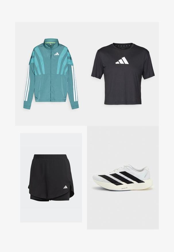 Veste de sport teal avec fermeture éclair sur le devant, col montant, trois bandes blanches sur les manches et des détails de design superposés. Tissu léger.; T-shirt noir court en tissu lisse, avec un logo Adidas blanc sur la poitrine, un col rond et des manches courtes.; Shorts de sport noirs avec une taille élastique, un design superposé, des shorts ajustés à l'intérieur et un logo blanc en bas à gauche.; Chaussure de running blanche avec motif trois bandes noires sur le côté et semelle blanche épaisse étiquetée "Lightstrike Pro" sur fond uni.
