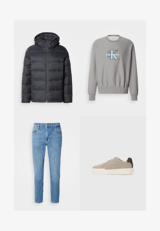 Sort pufferjakke med lynlåslukning foran og hætte. Har syede paneler til isolering og et lille logo på brystet. Glat tekstur.; Grå sweatshirt med rund halsudskæring, ribbede ærmer og kant, med et blåt og hvidt "Calvin Klein" logo i centrum. Klassisk pasform.; Lys blå denim jeans med lige snit, fem-lomme design og subtilt slid. Har knaplukning og bæltestropper.; Beige ruskinds sneakers med en hvid gummisål, der har en mørkegrøn hælaccent og subtil branding på siden.