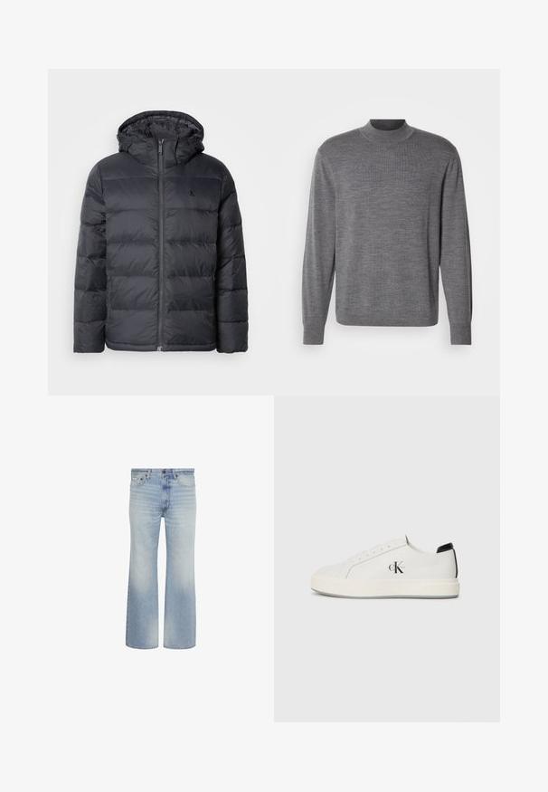 Sort pufferjakke med lynlåslukning foran og hætte. Har syede paneler til isolering og et lille logo på brystet. Glat tekstur.; Grå langærmet sweater lavet af strikket materiale, med en høj hals og et subtilt logo på brystet. Glat tekstur og tætsiddende design.; Lyseblå denim jeans med lige ben, frontknaplukning og fem-lomme design, vist mod en hvid baggrund.; Hvide lædersneakers med rund tå, flad gummisål og sort hælaccent. Har et fremtrædende sort Calvin Klein-logo på siden.