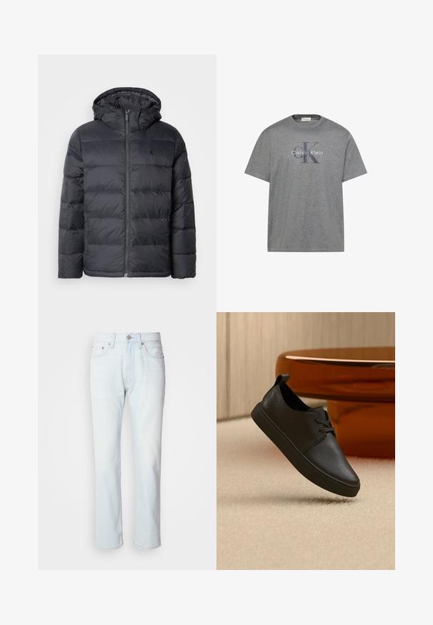 Sort pufferjakke med lynlåslukning foran og hætte. Har syede paneler til isolering og et lille logo på brystet. Glat tekstur.; Grå T-shirt med korte ærmer og Calvin Klein-logo med store overlappende "cK" bogstaver og "Calvin Klein" tekst i midten foran.; Lyseblå denimjeans med lige ben. Har en knaplukning og bæltestropper, viser en falmet tekstur og minimal syning.; Sort lædersneaker til hverdag med snørebånd, svævende over beige tæppe med et rundt bord af ravfarvet glas i baggrunden.