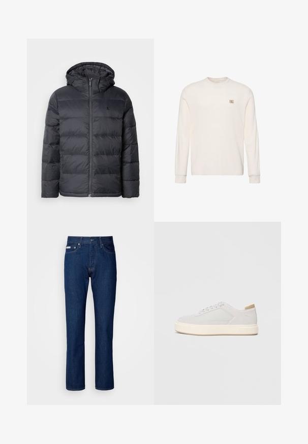Sort pufferjakke med lynlåslukning foran og hætte. Har syede paneler til isolering og et lille logo på brystet. Glat tekstur.; Langærmet hvid striktrøje med rund halsudskæring og lille beige Calvin Klein logo-mærke på venstre bryst.; Mørkeblå denim jeans med lige ben sammen design, der har lynlås og knaplukning, fem lommer og subtile stikninger.; Lys grå sneakers med en glat syntetisk overdel, rund tå og en struktureret crème mellemsål. Lysebrune accenter på hælen.