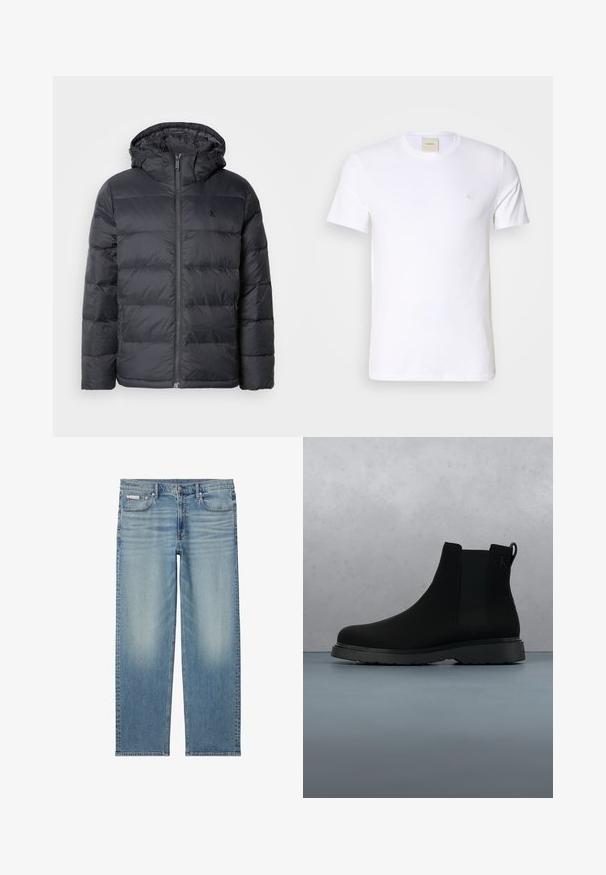 Schwarze Puffjacke mit Reißverschluss vorne und Kapuze. Verfügt über genähte Paneele zur Isolierung und ein kleines Logo auf der Brust. Glatte Textur.; Weißes Baumwoll-T-Shirt mit Rundhalsausschnitt, kurzen Ärmeln und einem kleinen gestickten Logo auf der linken Brust. Geschmeidige Textur.; Hellblaue Jeans mit geradem Bein, ausgewaschenen Details, vorderem Knopf und Reißverschluss sowie einem Fünf-Taschen-Design inklusive kleinem Calvin Klein Label auf der Tasche.; Schwarze Knöchelstiefel aus glattem Material mit subtilen Nähten, einer Gummisohle und einem eleganten Design, platziert auf einer Oberfläche mit Holzstruktur.
