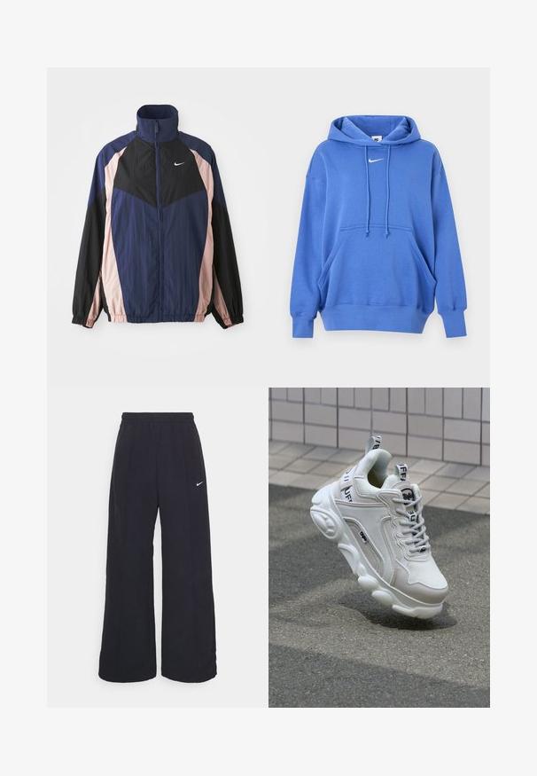 Vindjakke med høj krave, letvægtsstof og farveblokeret design i marineblå, sort og lys pink med elastiske manchetter.; Blå Nike-hoodie med frontlomme, snøre i hætten, ribbede manchetter og lille hvid Nike swoosh-logo på brystet.; Sorte brede bukser med elastisk talje og et lille hvidt Nike-logo. Stoffet har en glat tekstur, designet til komfort og afslappet brug.; Hvide sneakers med mesh- og lædermaterialer, rund tå, tyk sål, fremtrædende snørebånd og branding på hælen og tungen.