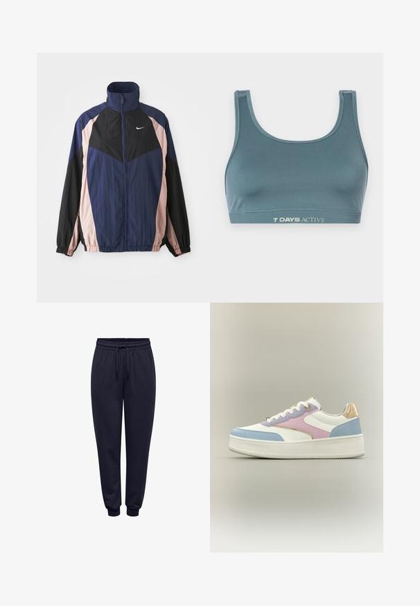 Vindjakke med høj krave, letvægtsstof og farveblokeret design i marineblå, sort og lys pink med elastiske manchetter.; Sportsbh i mørk teal, lavet af blød, strækbar stof. Har en scoop-halsudskæring og en elastisk bånd med "7 DAYS ACTIVE" trykt i lys farve.; Marineblå joggingbukser lavet af blødt stof, med elastisk talje og snøre, manchetter ved anklerne og sidelommer.; Hvid platform-sneaker med pastelfarvede paneler i blå, pink og lavendel, hvide snørebånd og metalisk guldet detalje på hælen mod ensfarvet baggrund.
